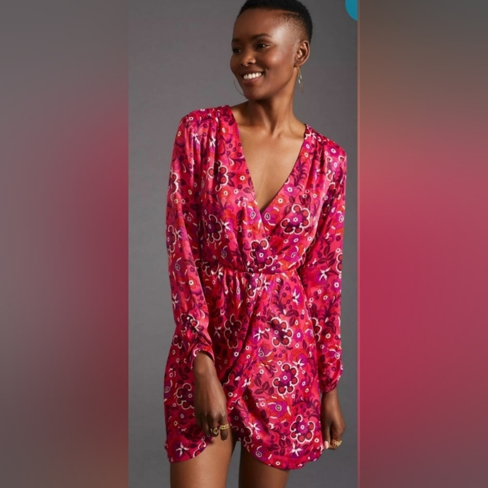 Maeve by Anthropologie Wrap Dress Pink Floral Long Sleeve